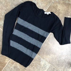 LOFT XS navy sweater w/ trio of silver edged gray bands- soft cotton/rayon blend
